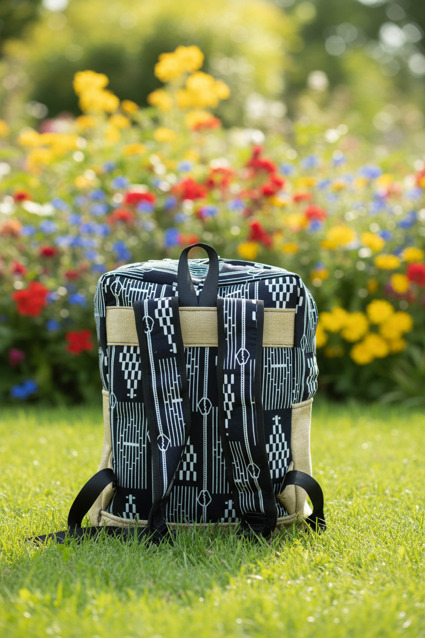 Sac à dos artisanal en toile de jute & pagne africain : L'Échappée Graphique