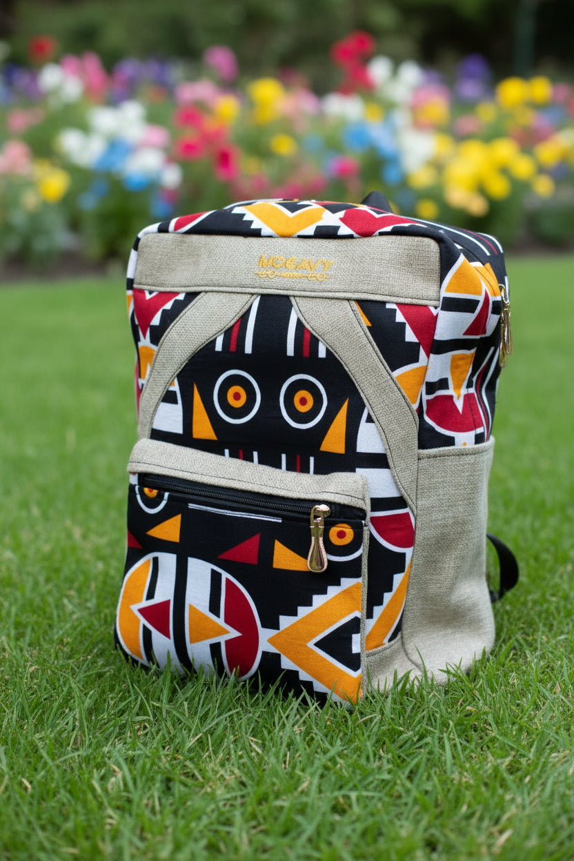 Sac à dos artisanal en toile de jute & motifs graphiques: L'Échappée authentique
