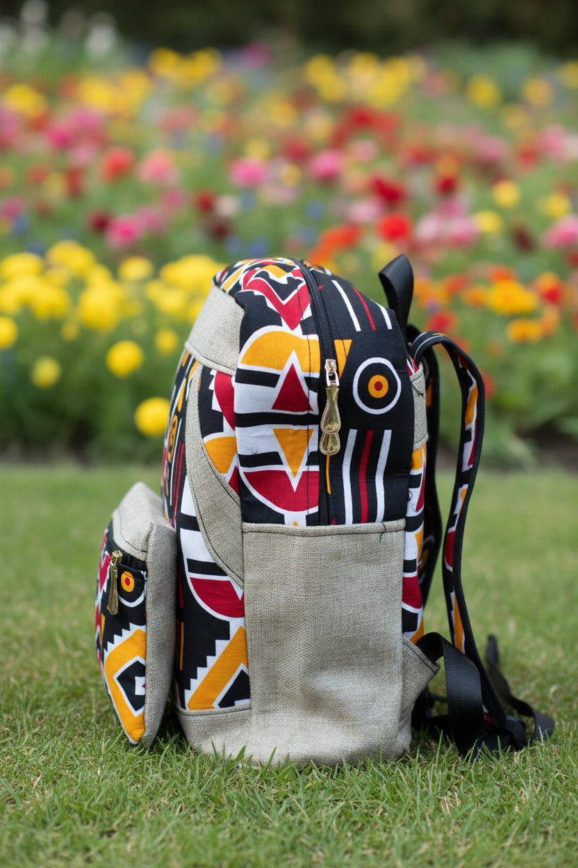 Sac à dos artisanal en toile de jute & motifs graphiques: L'Échappée authentique