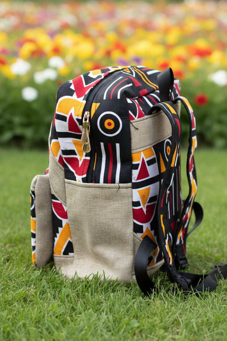 Sac à dos artisanal en toile de jute & motifs graphiques: L'Échappée authentique