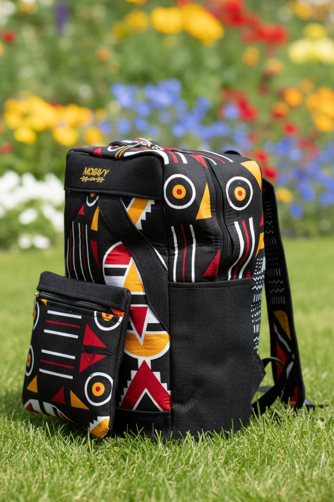 Sac à dos artisanal en tissu graphique ethnique et toile noire – Mogavy.Sewing