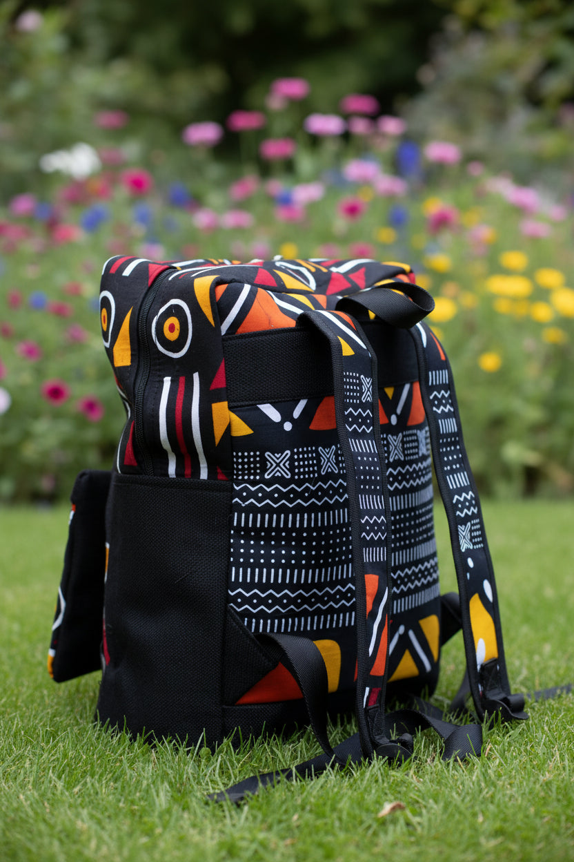 Sac à dos artisanal en tissu graphique ethnique et toile noire – Mogavy.Sewing