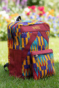 Sac à dos artisanal MOGAVY. Toile de jute bordeaux et motifs géométriques kente