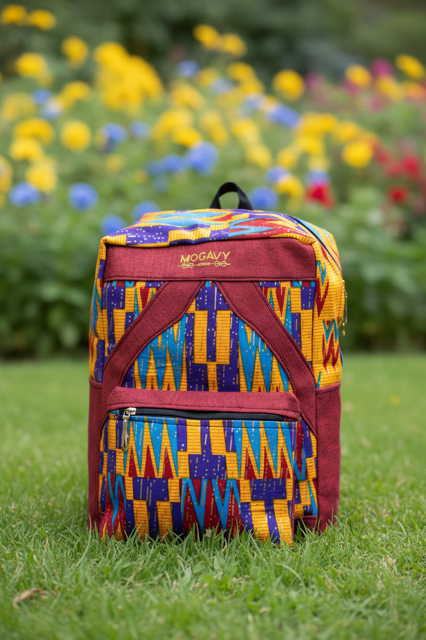 Sac à dos artisanal MOGAVY. Toile de jute bordeaux et motifs géométriques kente
