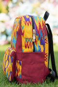 Sac à dos artisanal MOGAVY. Toile de jute bordeaux et motifs géométriques kente