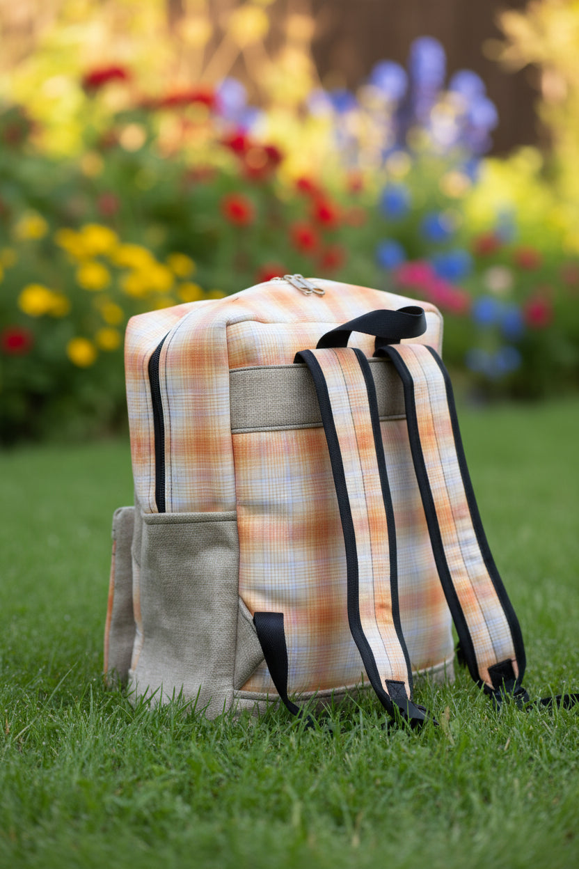 Sac à dos artisanal. Carreaux mandarine & jute naturel