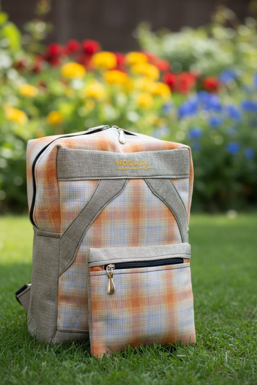 Sac à dos artisanal. Carreaux mandarine & jute naturel