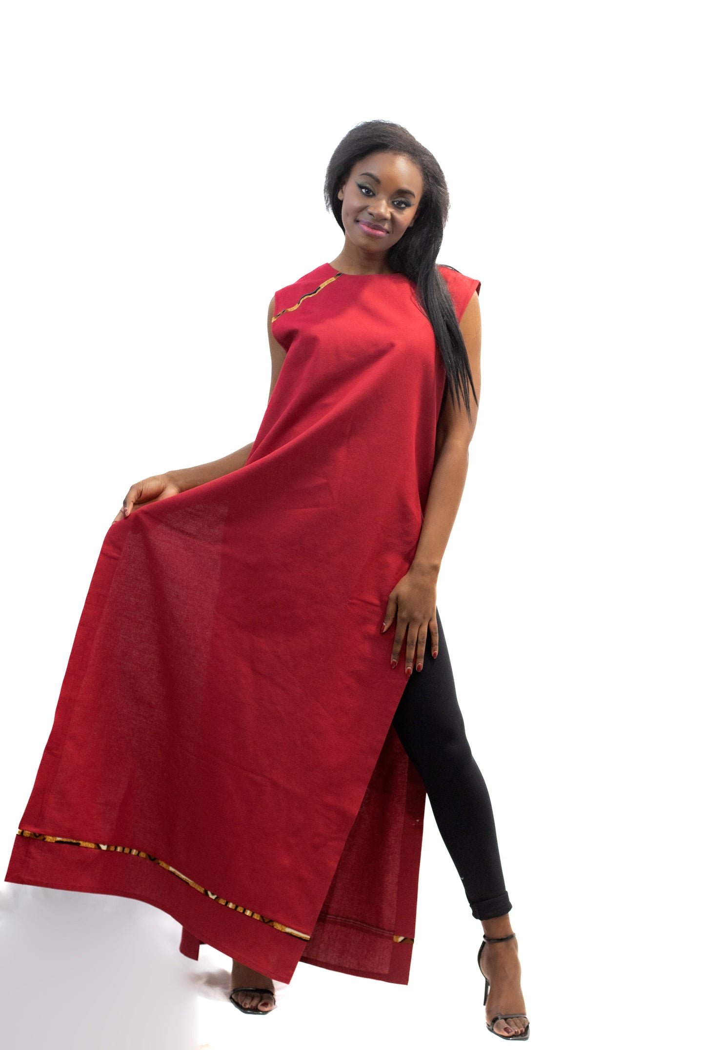 Robe longue Rouge en lin sans manches – Collection IVOIRE