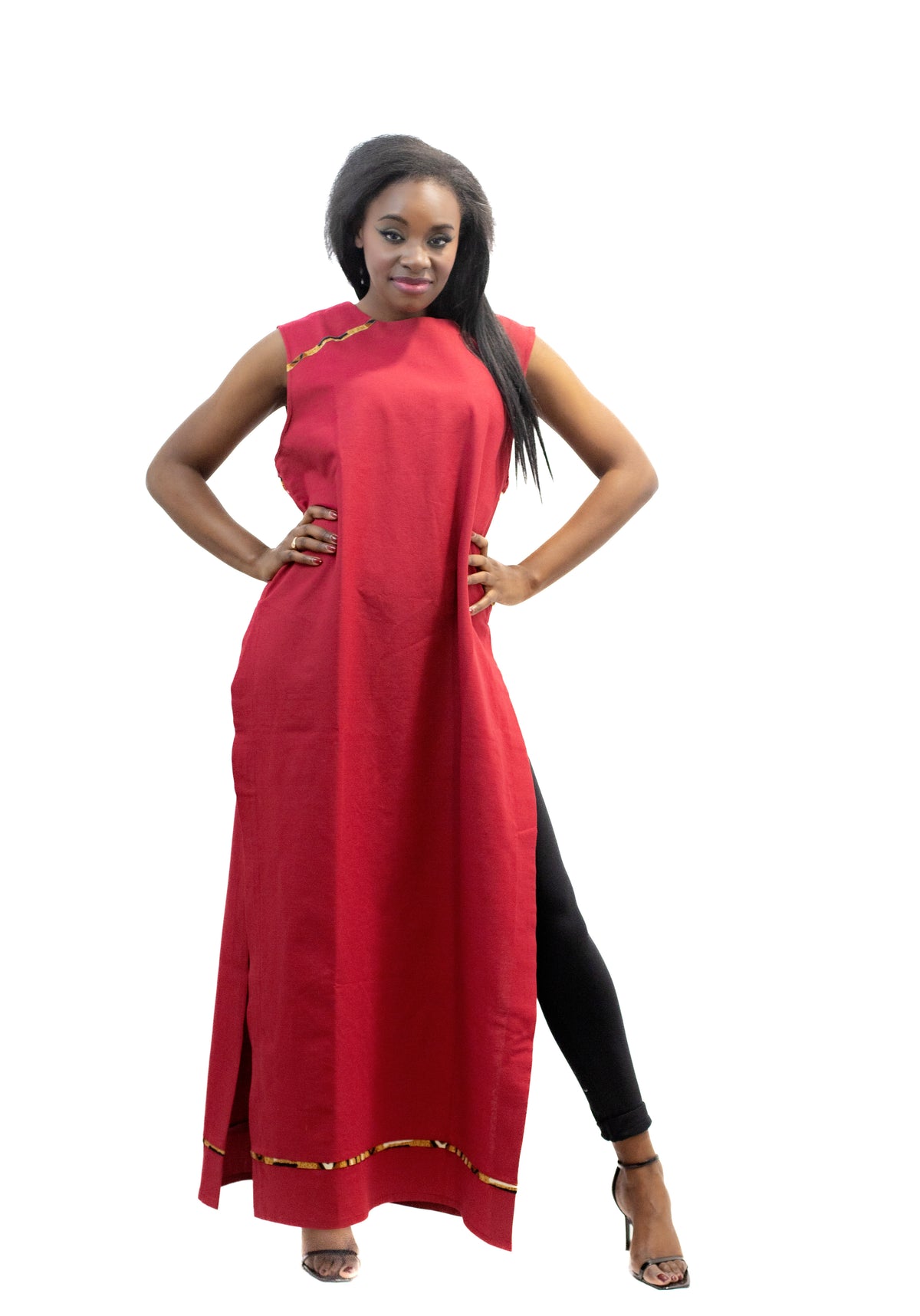 Robe longue Rouge en lin sans manches – Collection IVOIRE