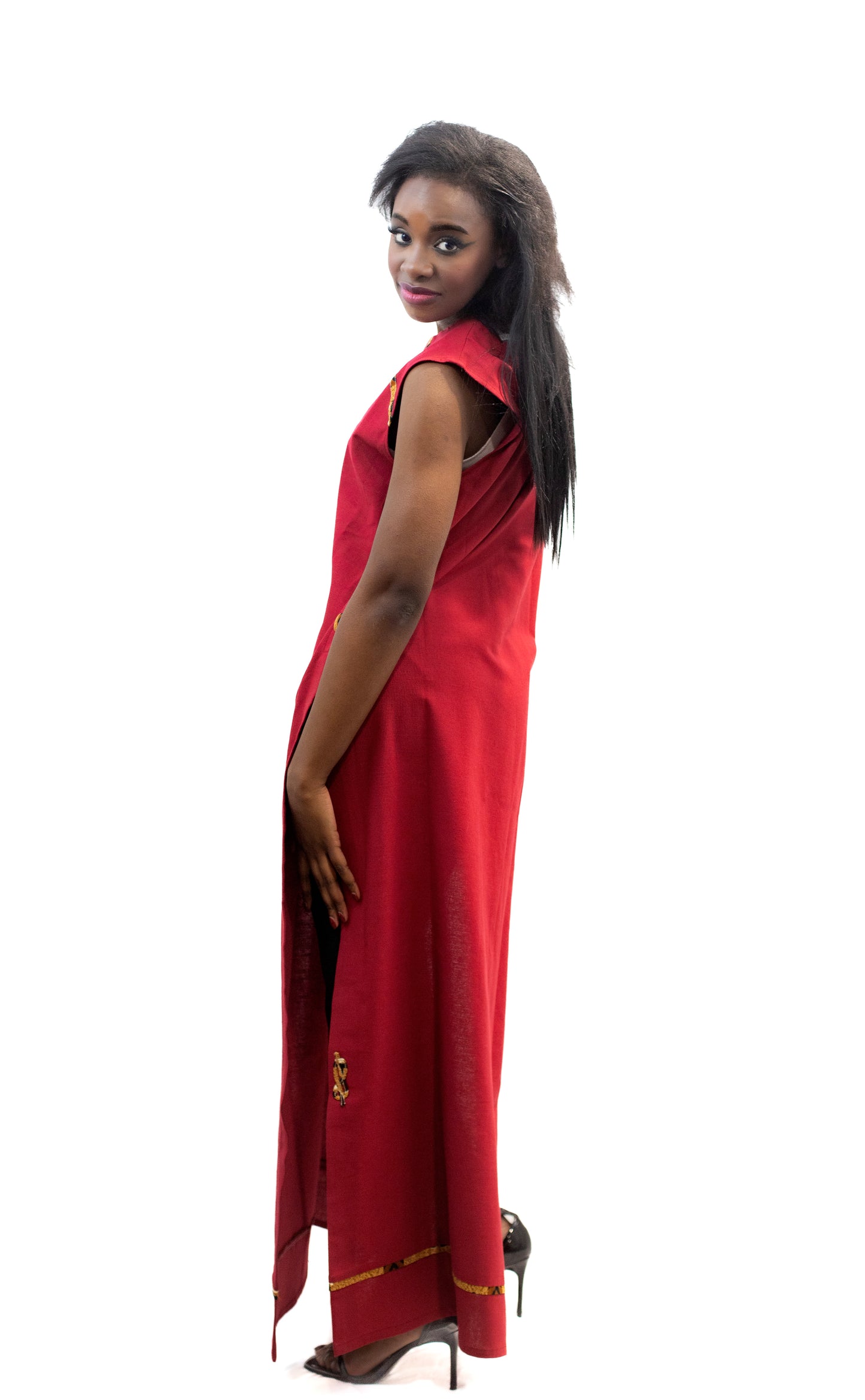 Robe longue Rouge en lin sans manches – Collection IVOIRE