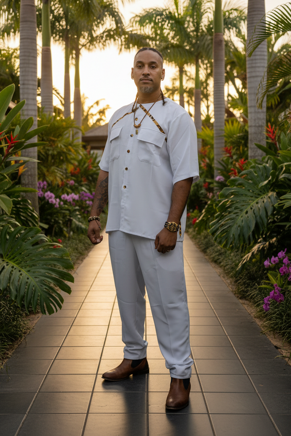 Ensemble blanc, Chemise et pantalon manches coutes en crêpe.