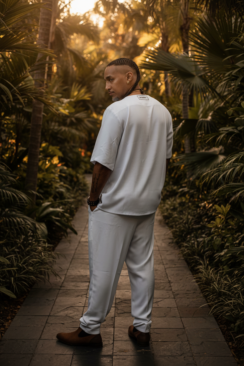 Ensemble blanc, Chemise et pantalon manches coutes en crêpe.