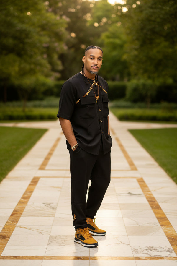 Ensemble chemise manches courtes et pantalon noir en crêpe