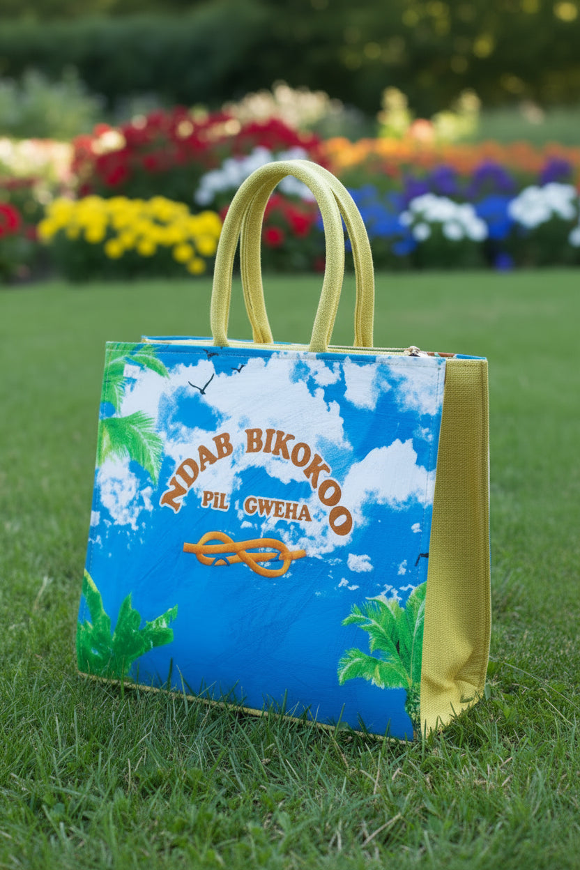 Sacs cabas évasion tropicale & pochette assortie. Jaune solaire & bleu azur