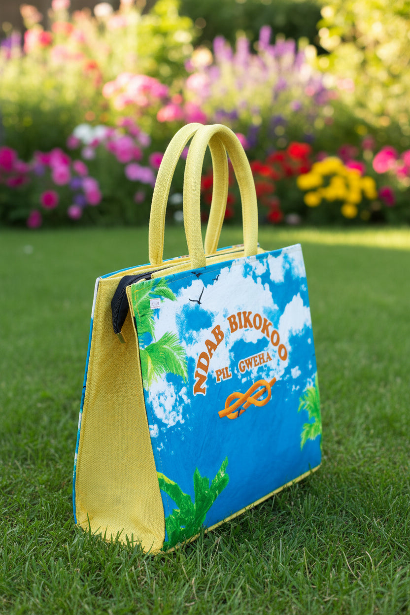 Sacs cabas évasion tropicale & pochette assortie. Jaune solaire & bleu azur