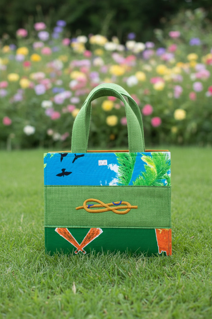 Sac cabas MOGAVY en toile de jute et tissu africain, avec pochette assortie
