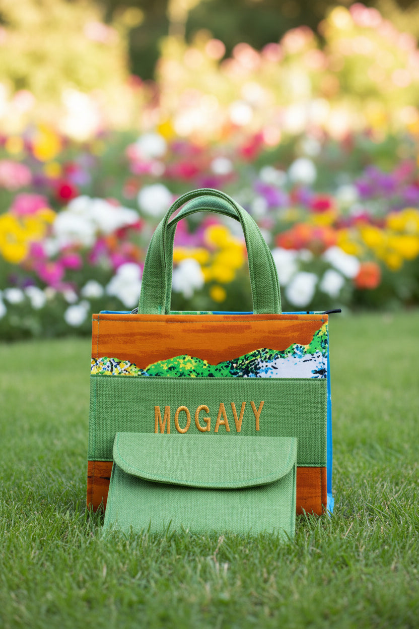 Sac cabas MOGAVY en toile de jute et tissu africain, avec pochette assortie