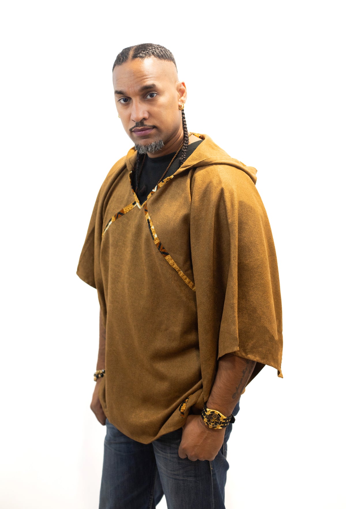 Poncho Marron à Capuche en Cachemire avec touches  de Pagne Africain