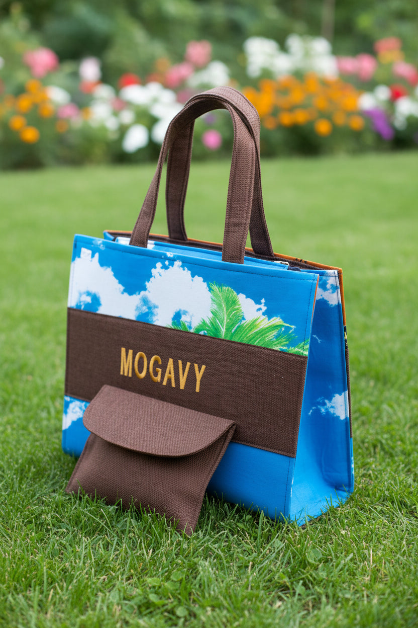 Sac cabas artisanal en toile de jute et tissu africain évasion, avec pochette.
