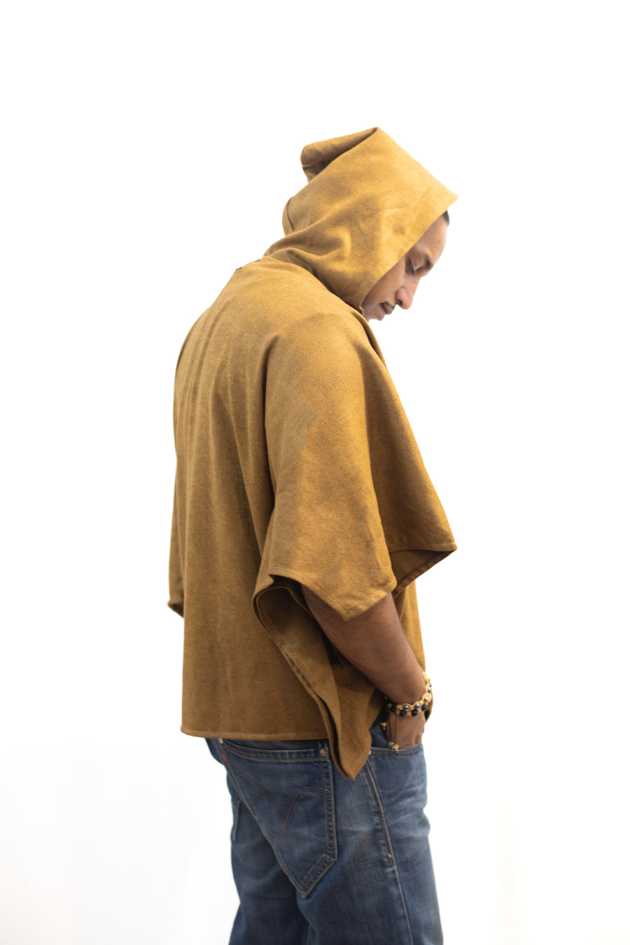 Poncho Marron à Capuche en Cachemire avec touches  de Pagne Africain