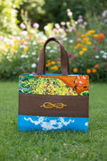 Sac cabas artisanal en toile de jute et tissu africain évasion, avec pochette.