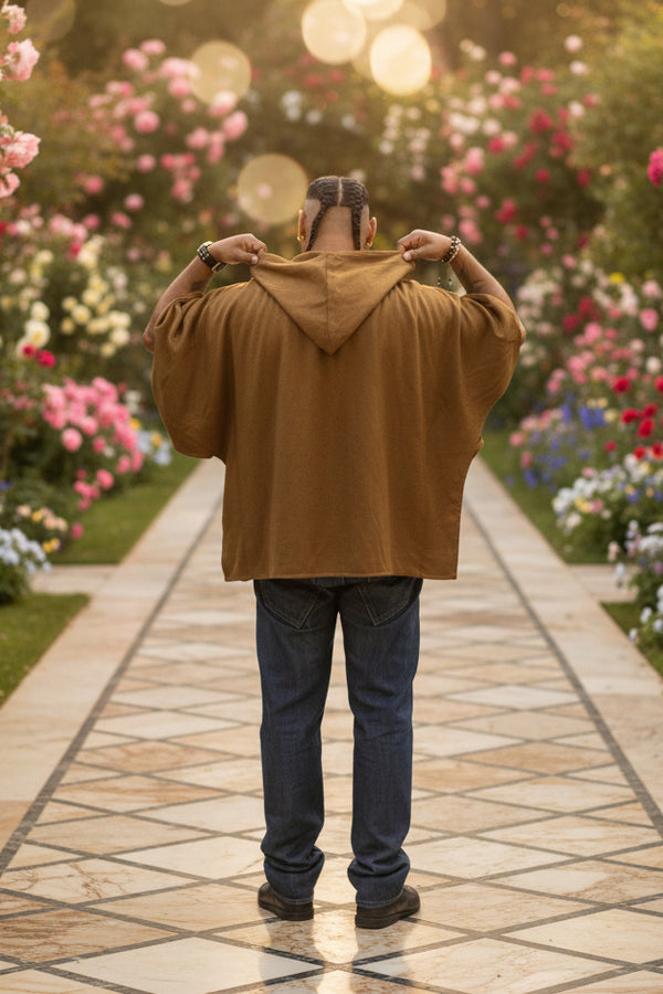 Poncho Marron à Capuche en Cachemire avec touches  de Pagne Africain