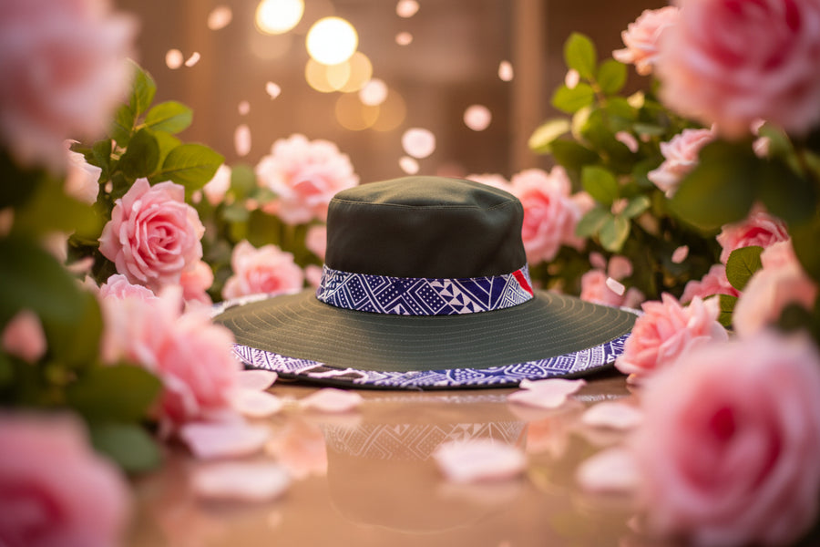 Chapeau Capeline vert sapin & bordure pagne camerounais.