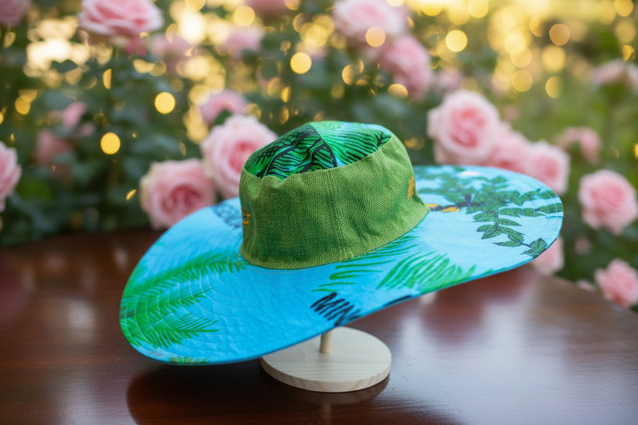 Chapeau Capeline motif tropical Lagon & bandeau vert lin