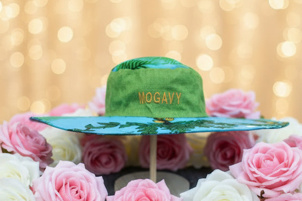 Chapeau Capeline motif tropical Lagon & bandeau vert lin
