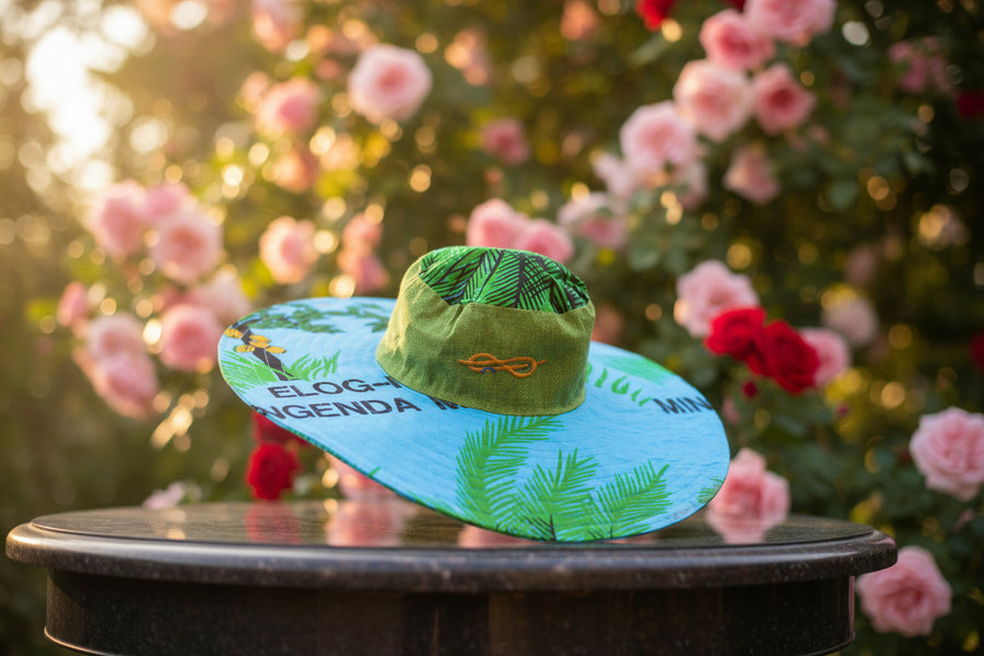 Chapeau Capeline motif tropical Lagon & bandeau vert lin