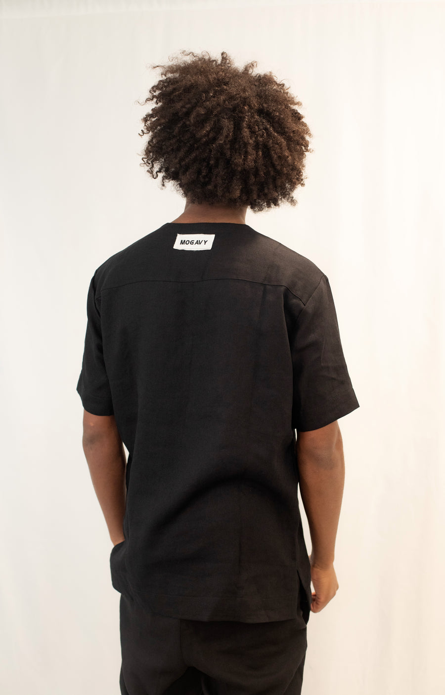 Ensemble en Lin noir avec détails en pagne  africain-Confection artisanale