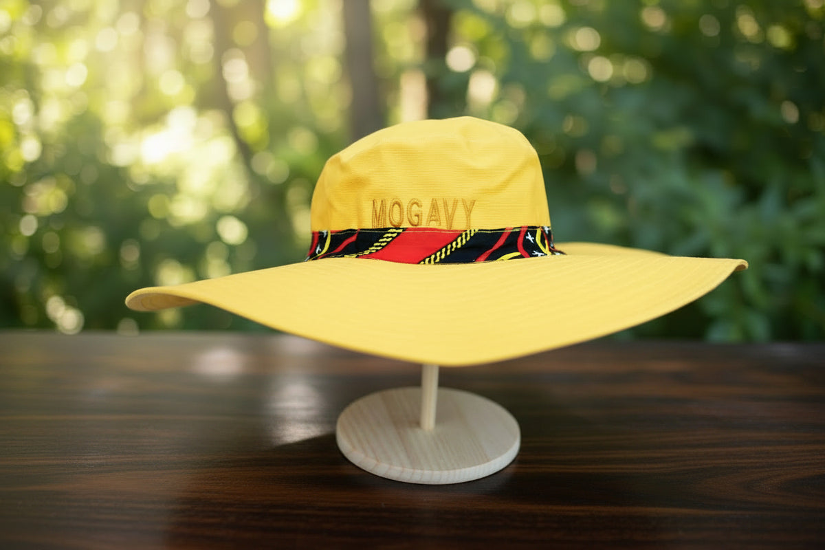Chapeau Capeline jaune solaire & galon pagne camerounais