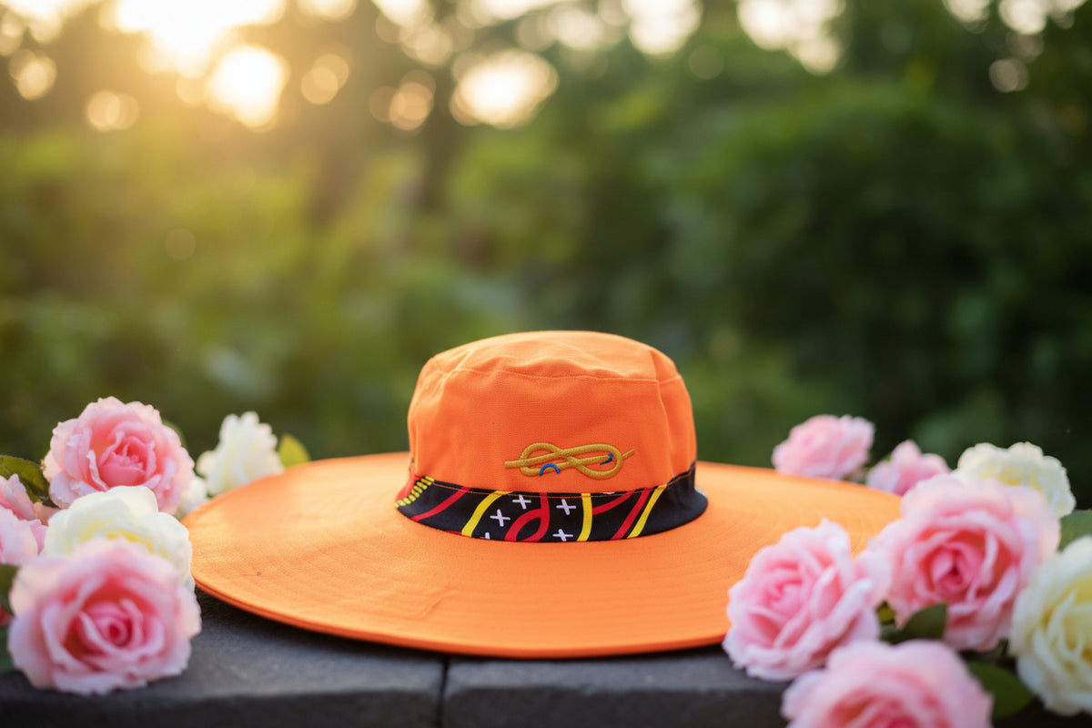 Chapeau Capeline orange vitaminé & galon pagne camerounais