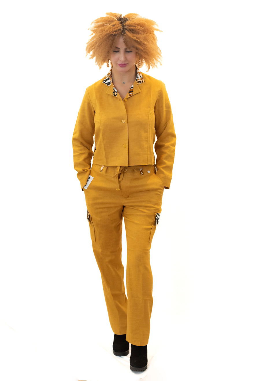 Ensemble en lin veste courte et pantalon cargo - Confection artisananle
