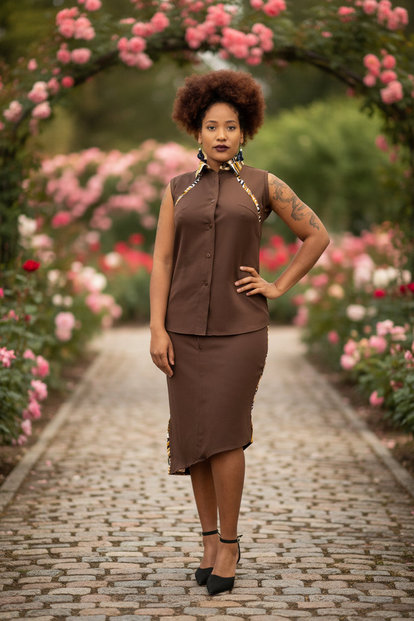 Ensemble femme marron – Chemise sans manches & jupe asymétrique avec détails en pagne africain