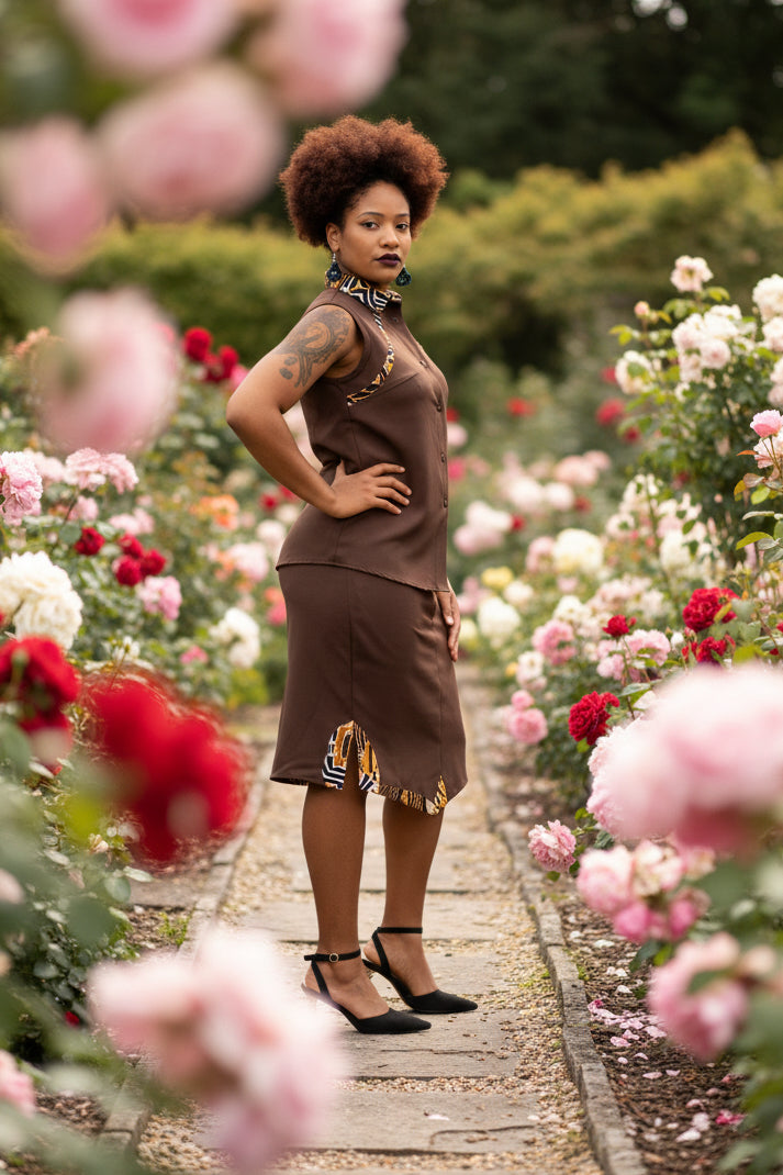 Ensemble femme marron – Chemise sans manches & jupe asymétrique avec détails en pagne africain