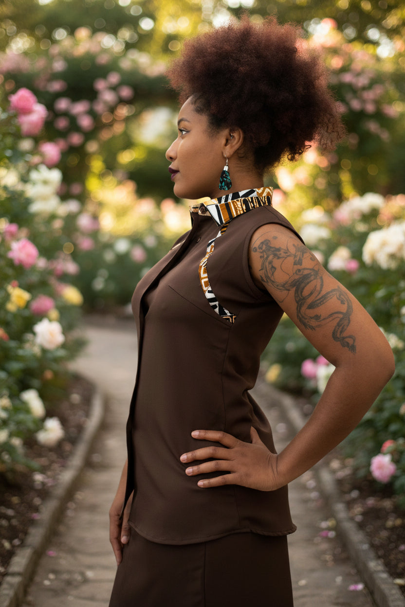 Ensemble femme marron – Chemise sans manches & jupe asymétrique avec détails en pagne africain