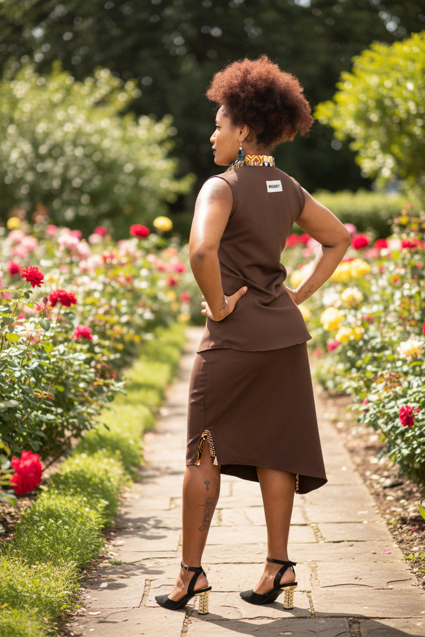Ensemble femme marron – Chemise sans manches & jupe asymétrique avec détails en pagne africain