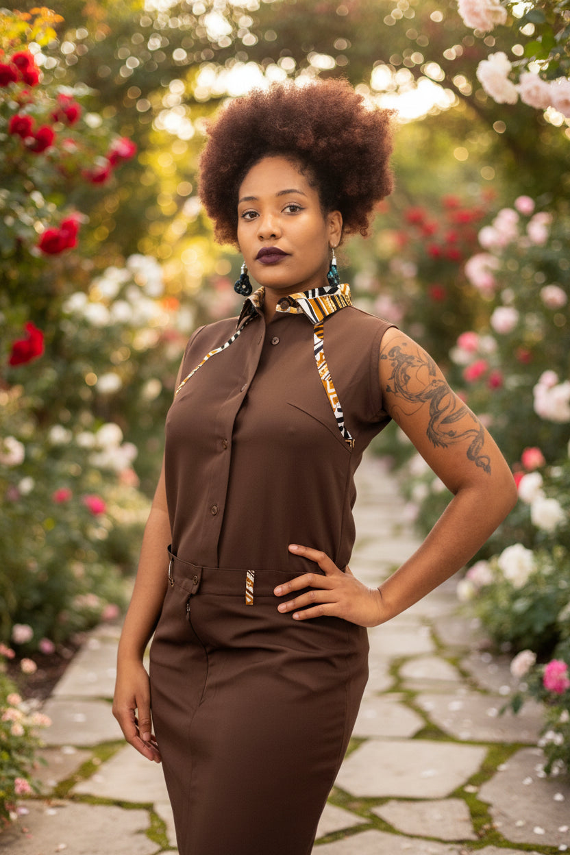 Ensemble femme marron – Chemise sans manches & jupe asymétrique avec détails en pagne africain