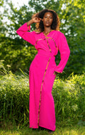 Caftan Rose Élégance en crêpe, finition en Pagne Africain