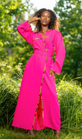 Caftan Rose Élégance en crêpe, finition en Pagne Africain