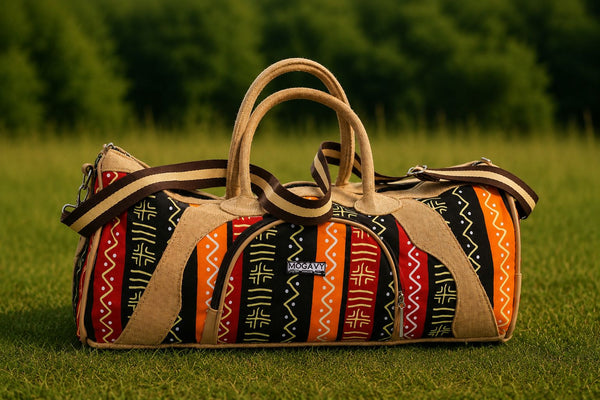Sac de voyage et de sport fait main en jute et motif ethnique "Horizon artisanal"