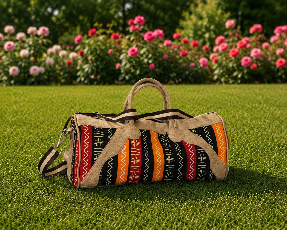 Sac de voyage et de sport fait main en jute et motif ethnique "Horizon artisanal"