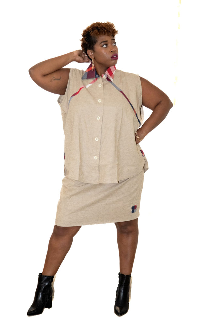 Ensemble "Naya"- Top oversize et jupe droite en lin beige